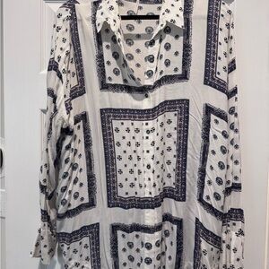 White and Blue Patterned Long Sleeve Shirt